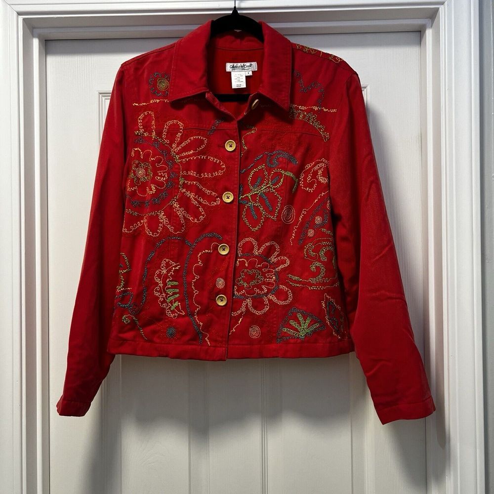 Coldwater Creek Red Floral Embroidered Tencel‎ Button Front Jacket Womens Small